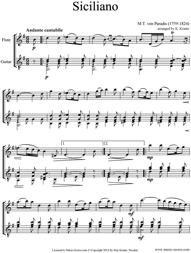 Front page of Siciliano: Flute, Guitar sheet music