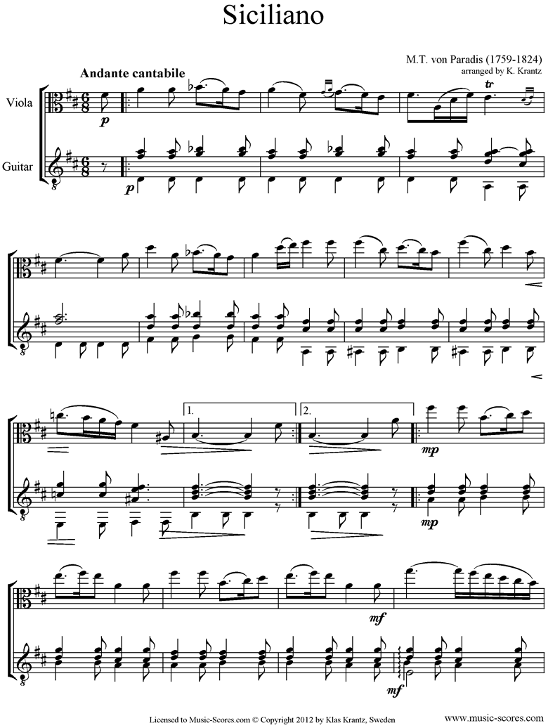Front page of Siciliano: Viola, Guitar sheet music
