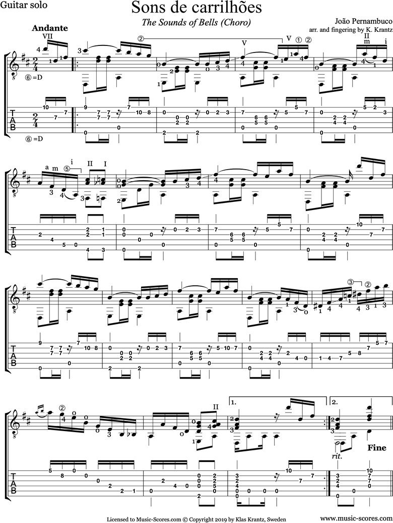 Front page of Sons de Carrilhoes: The Sounds of Bells - Choro: Guitar tab sheet music