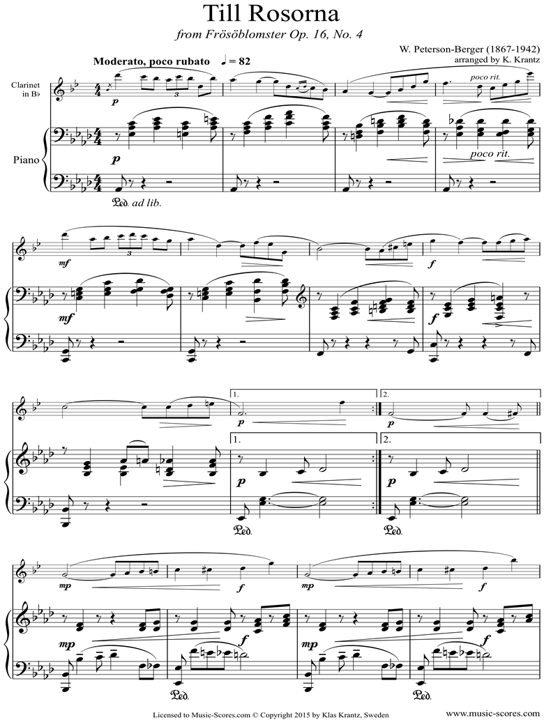 Op.16 No.4: Till Rosorna: Clarinet, Piano by Peterson-Berger