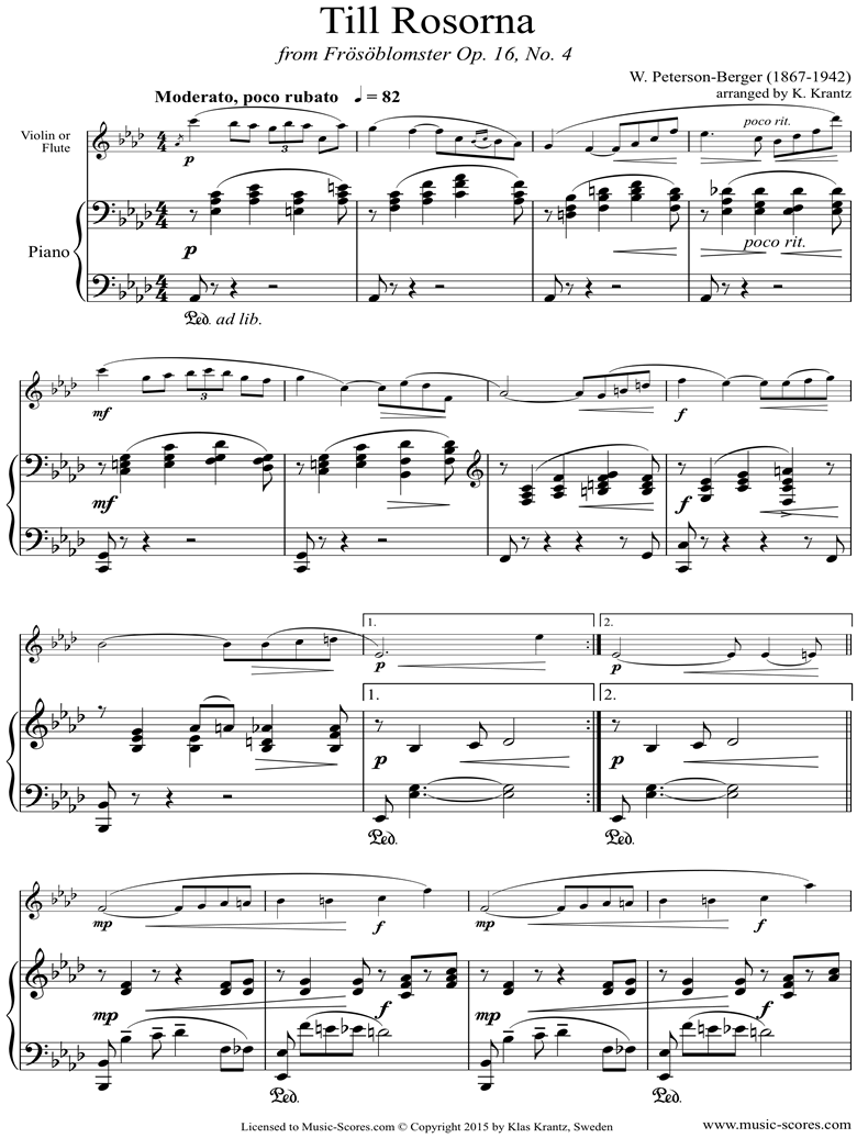 Front page of Op.16 No.4: Till Rosorna: Flute, Piano sheet music