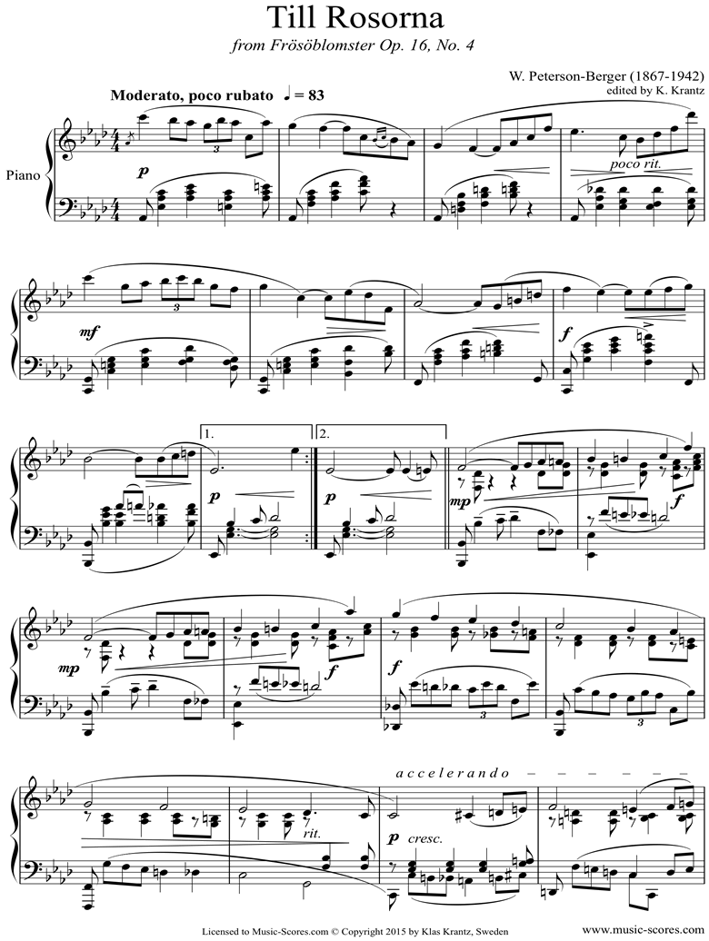 Front page of Op.16 No.4: Till Rosorna: Piano sheet music