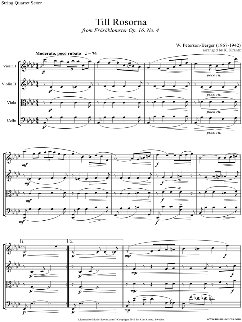 Front page of Op.16 No.4: Till Rosorna: String Quartet sheet music