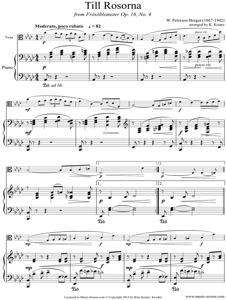 Front page of Op.16 No.4: Till Rosorna: Viola, Piano sheet music