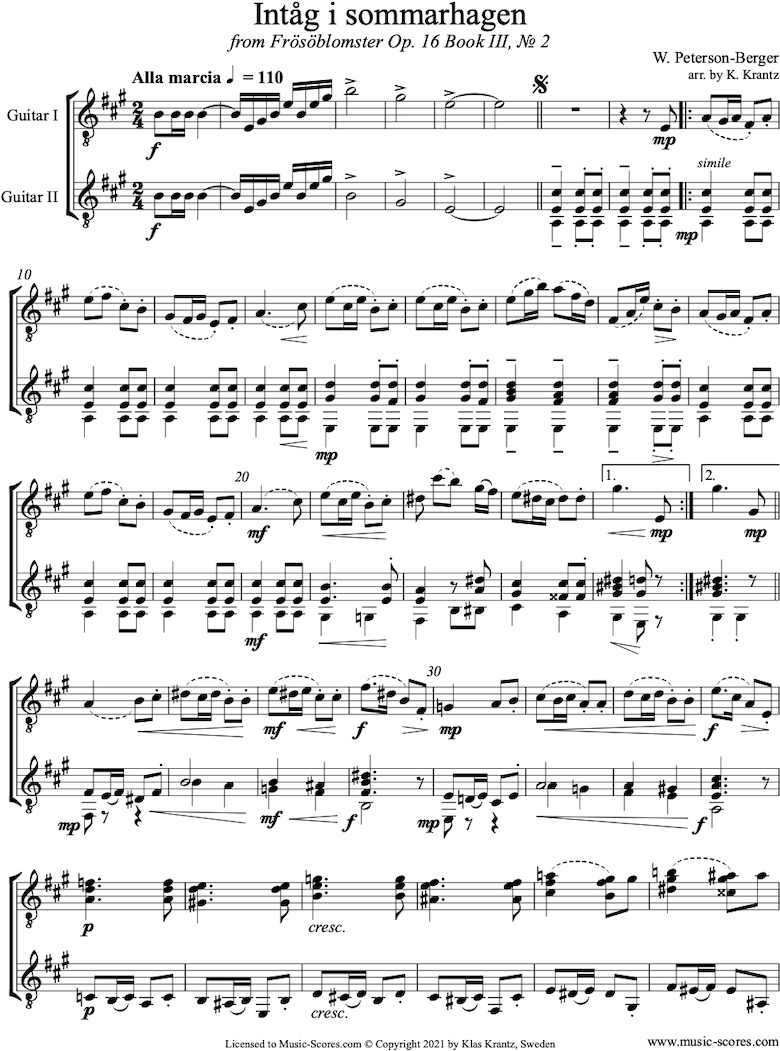 Op.16 Bk 3 No.2: Summer Garden: 2 Guitars by Peterson-Berger