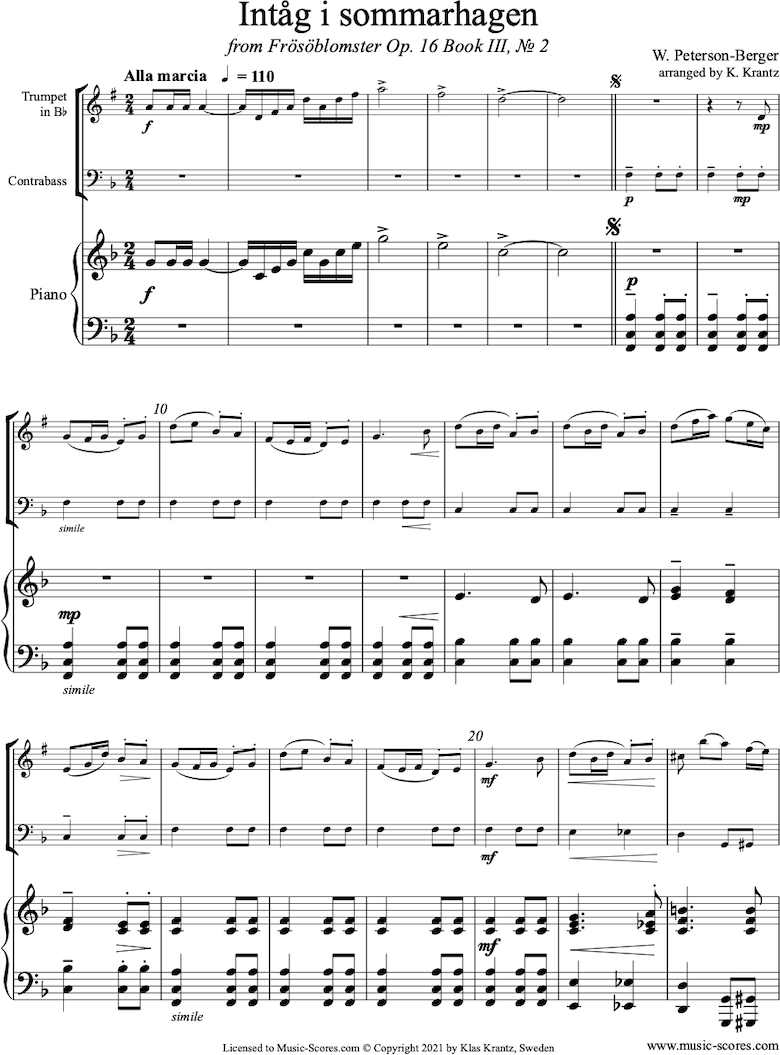 Front page of Op.16 Bk 3 No.2: Summer Garden: Trumpet, Double Bass, Piano sheet music