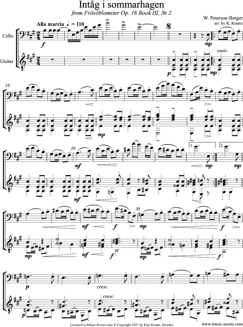 Op.16 Bk 3 No.2: Summer Garden: Cello, Guitar by Peterson-Berger