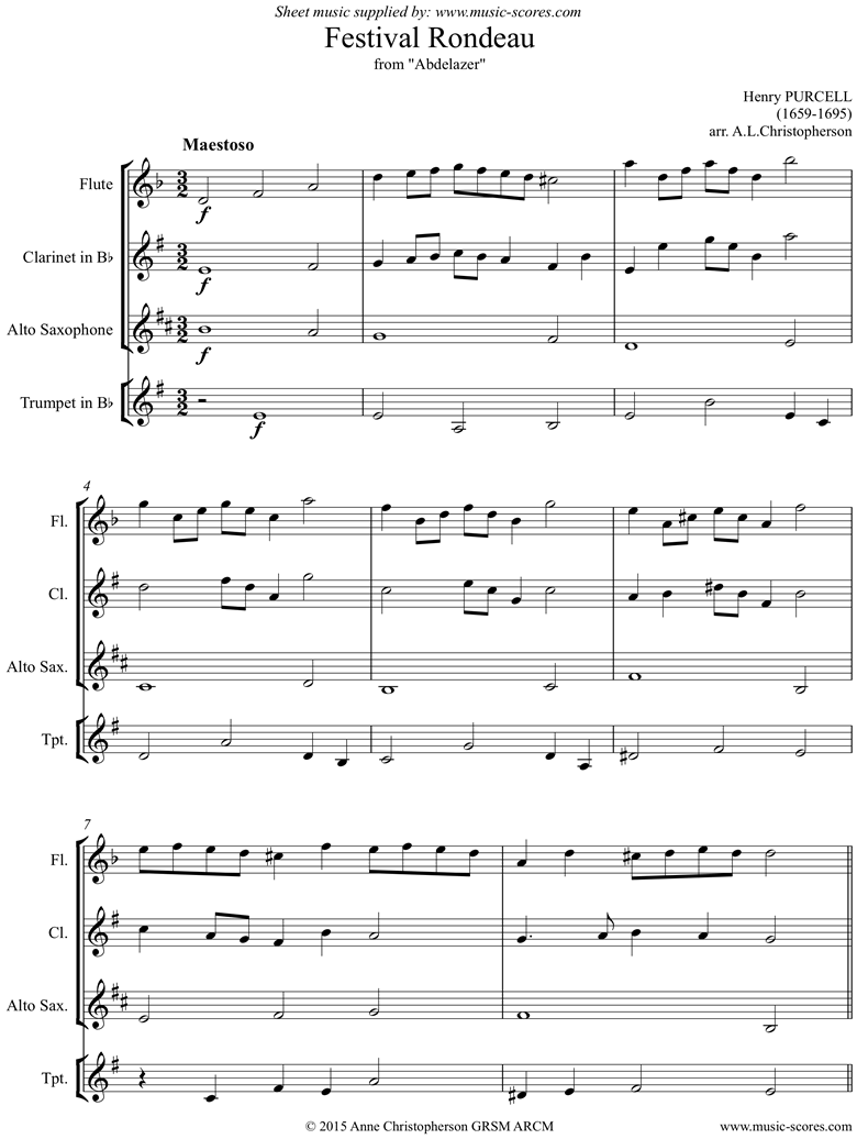 Abdelazer: Festival Rondeau: Flute, Clarinet, Alto Sax, Trumpet by Purcell