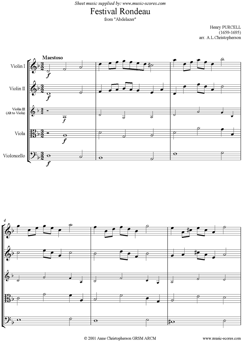 Front page of Abdelazer: Festival Rondeau: String 4 sheet music