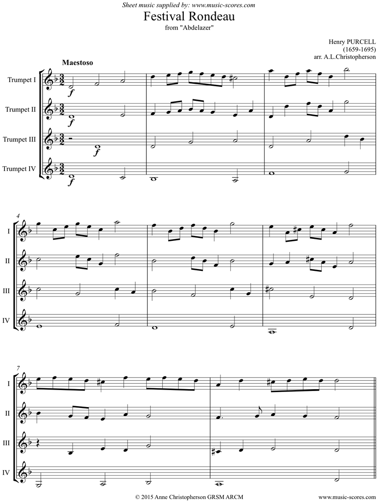 Abdelazer: Festival Rondeau: 4 Trumpets. D minor. by Purcell