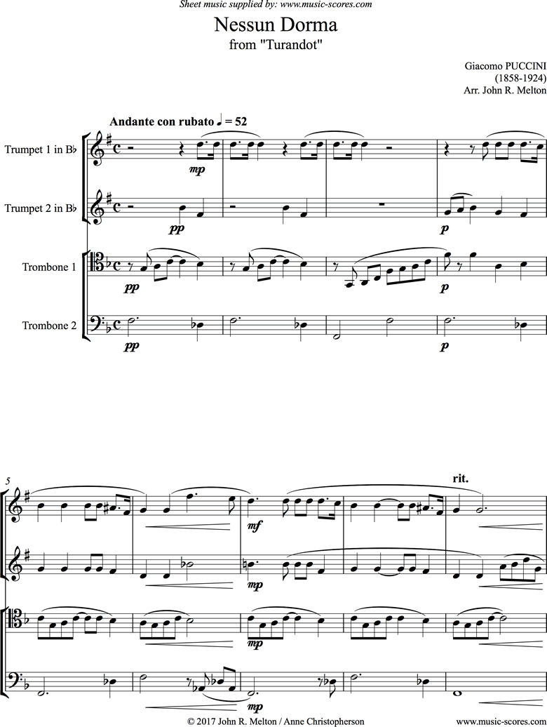 Front page of Turandot: Nessun Dorma: Brass Quartet sheet music