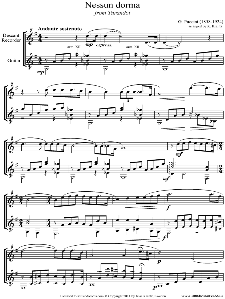 Front page of Turandot: Nessun Dorma: Descant Recorder, Guitar sheet music