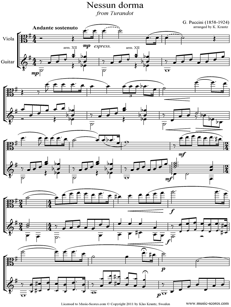 Front page of Turandot: Nessun Dorma: Viola, Guitar sheet music