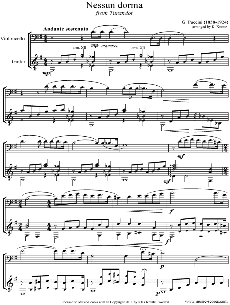 Front page of Turandot: Nessun Dorma: Cello, Guitar sheet music