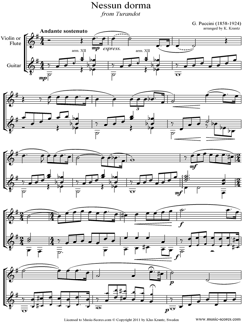 Front page of Turandot: Nessun Dorma: Violin, Guitar sheet music