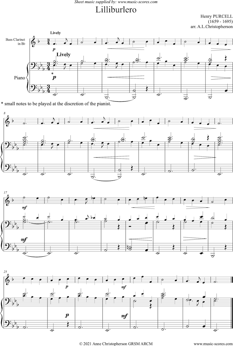 Front page of Lilliburlero: Bass Clarinet sheet music