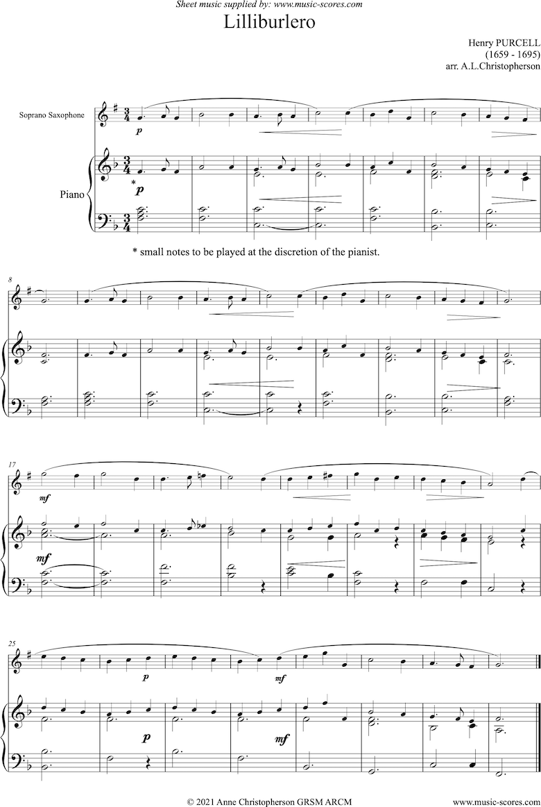 Front page of Lilliburlero: Soprano Sax sheet music