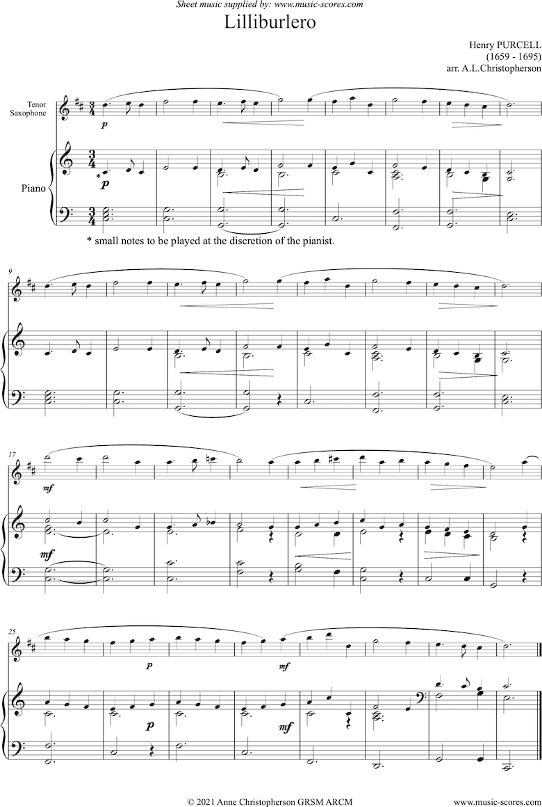 Front page of Lilliburlero: Tenor Sax sheet music