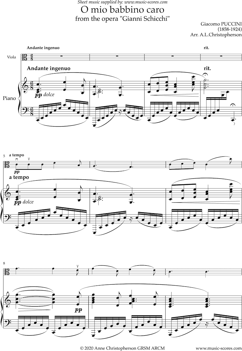 Front page of Gianni Schicci: O Mio Babbino Caro: Viola and Piano sheet music