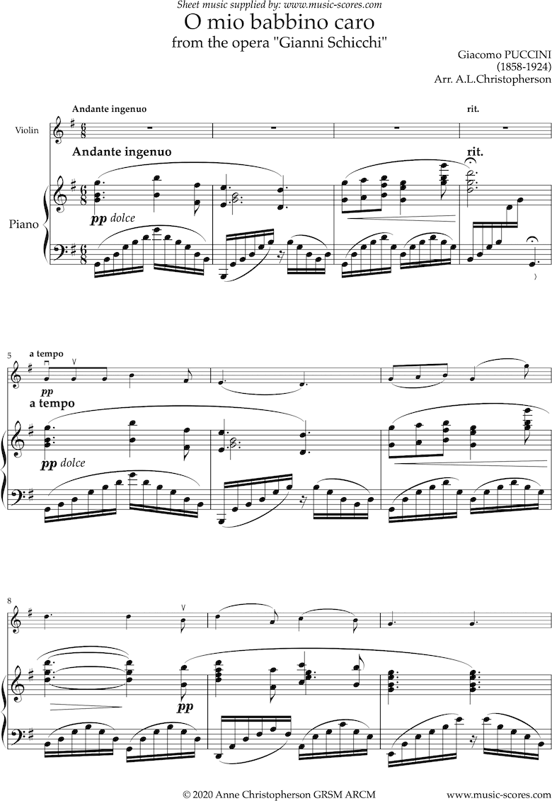 Puccini. Gianni Schicci O Mio Babbino Caro Violin and Piano classical