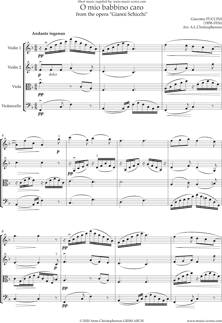Front page of Gianni Schicci: O Mio Babbino Caro: String Quartet sheet music