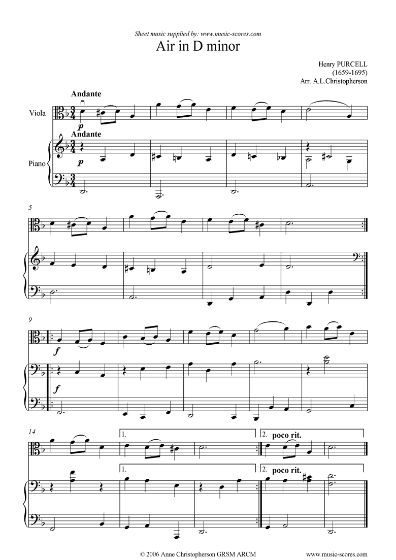 Front page of Air in D minor: Viola sheet music