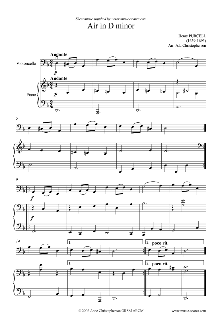 Front page of Air in D minor: Cello sheet music