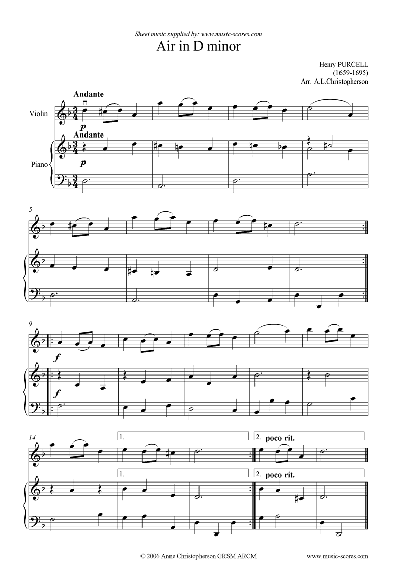 Front page of Air in D minor: Violin sheet music