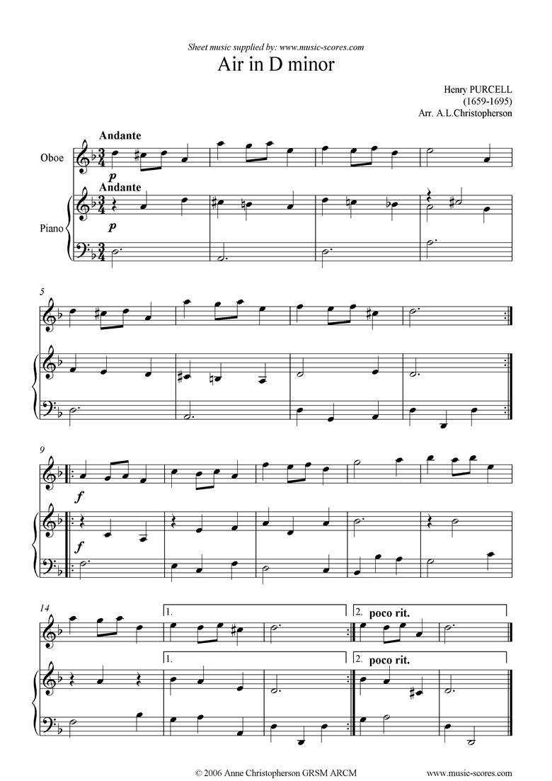 Front page of Air in D minor from The Double Dealer: Oboe sheet music