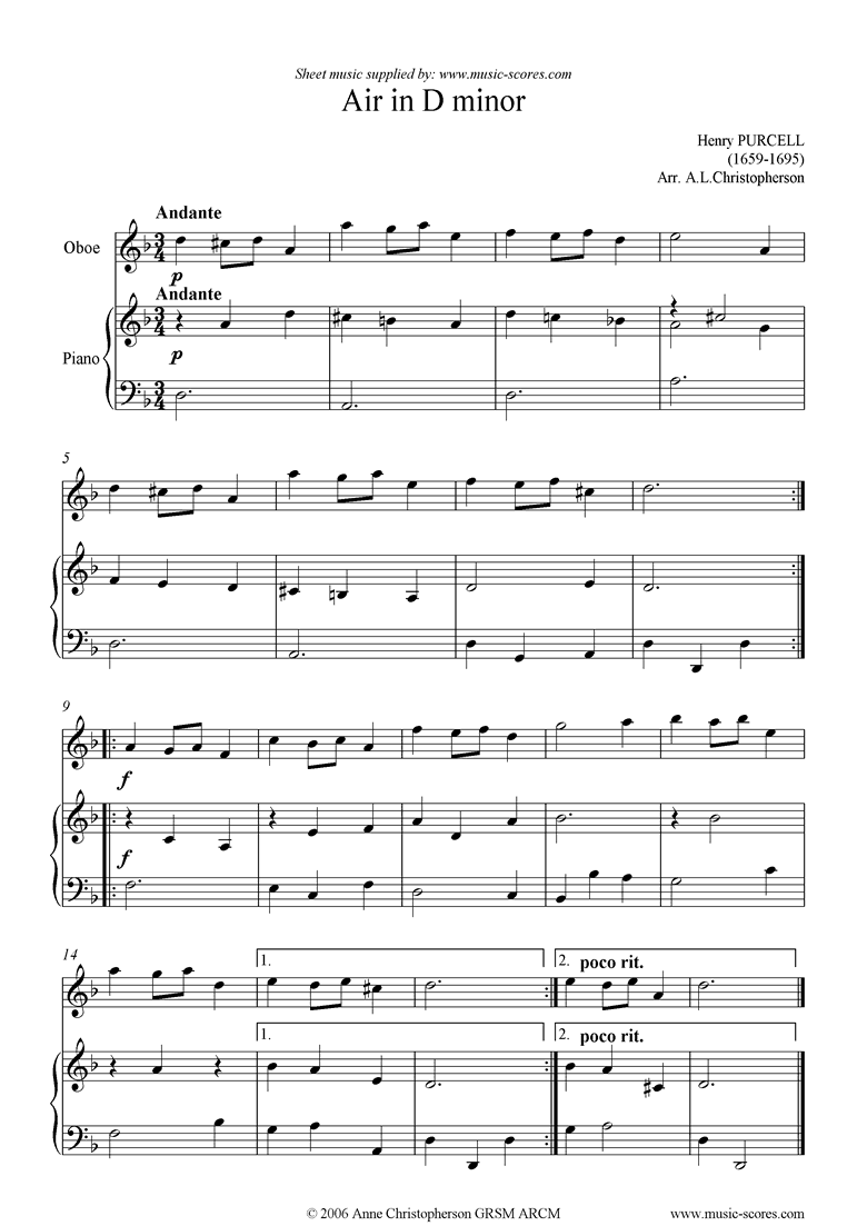 Air in D minor from The Double Dealer: Oboe by Purcell