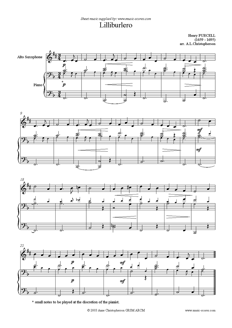 Front page of Lilliburlero: Alto Sax sheet music