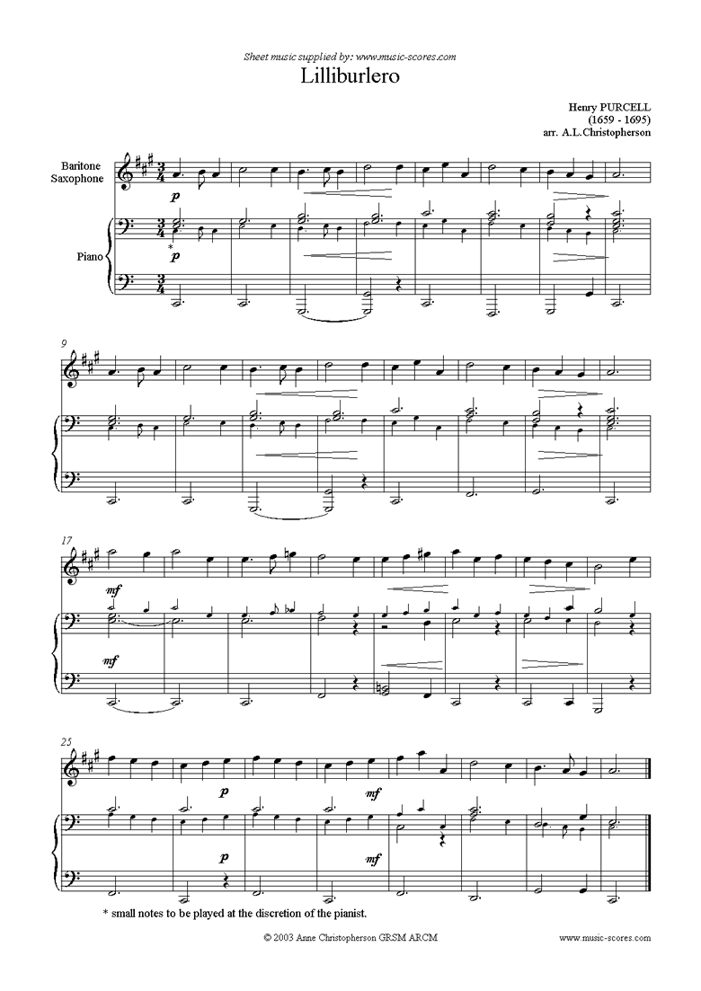 Front page of Lilliburlero: Baritone Sax sheet music