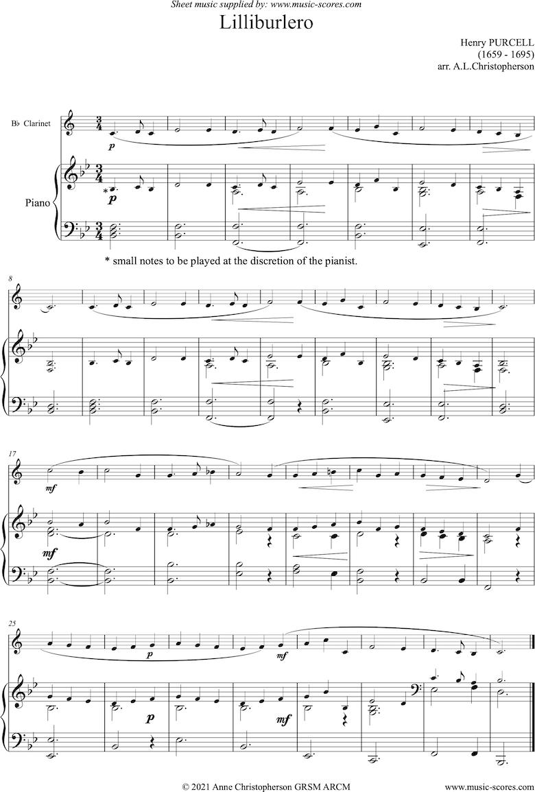 Front page of Lilliburlero: Clarinet sheet music
