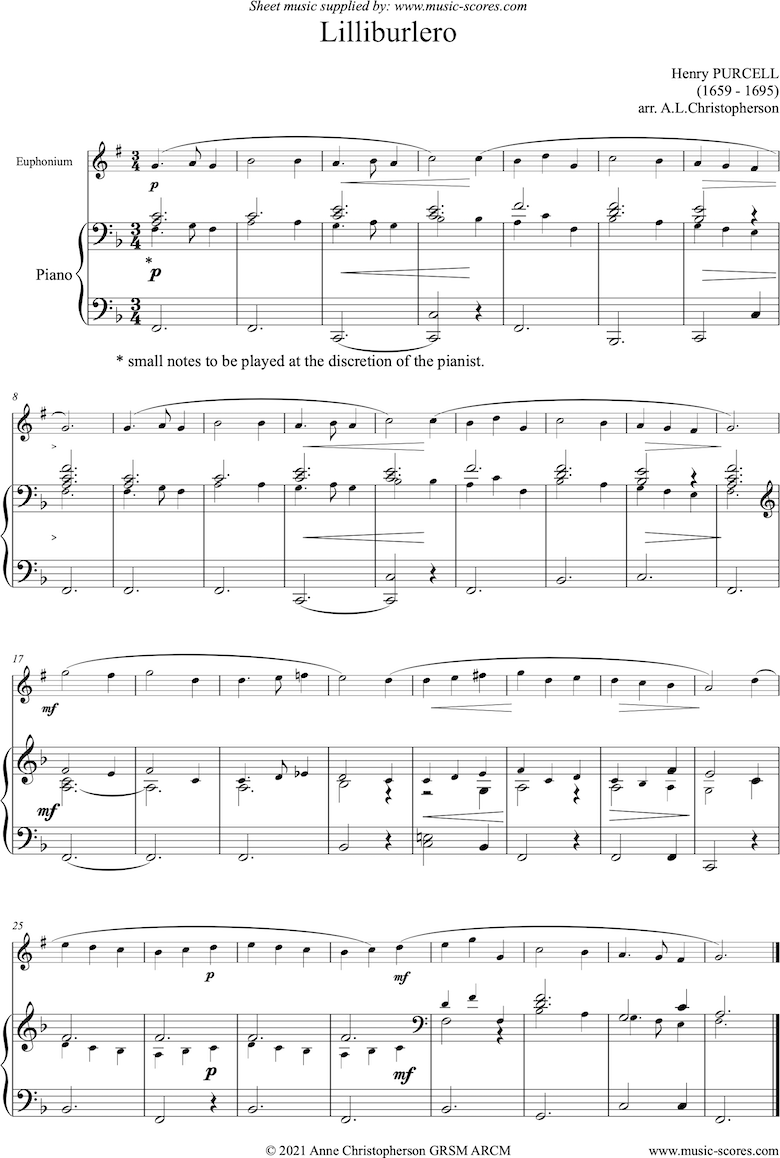Front page of Lilliburlero: Euphonium sheet music