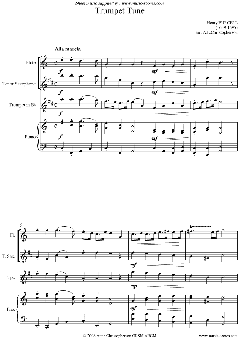 Trumpet Tune: Flute, Tenor Sax, Trumpet, Piano by Purcell