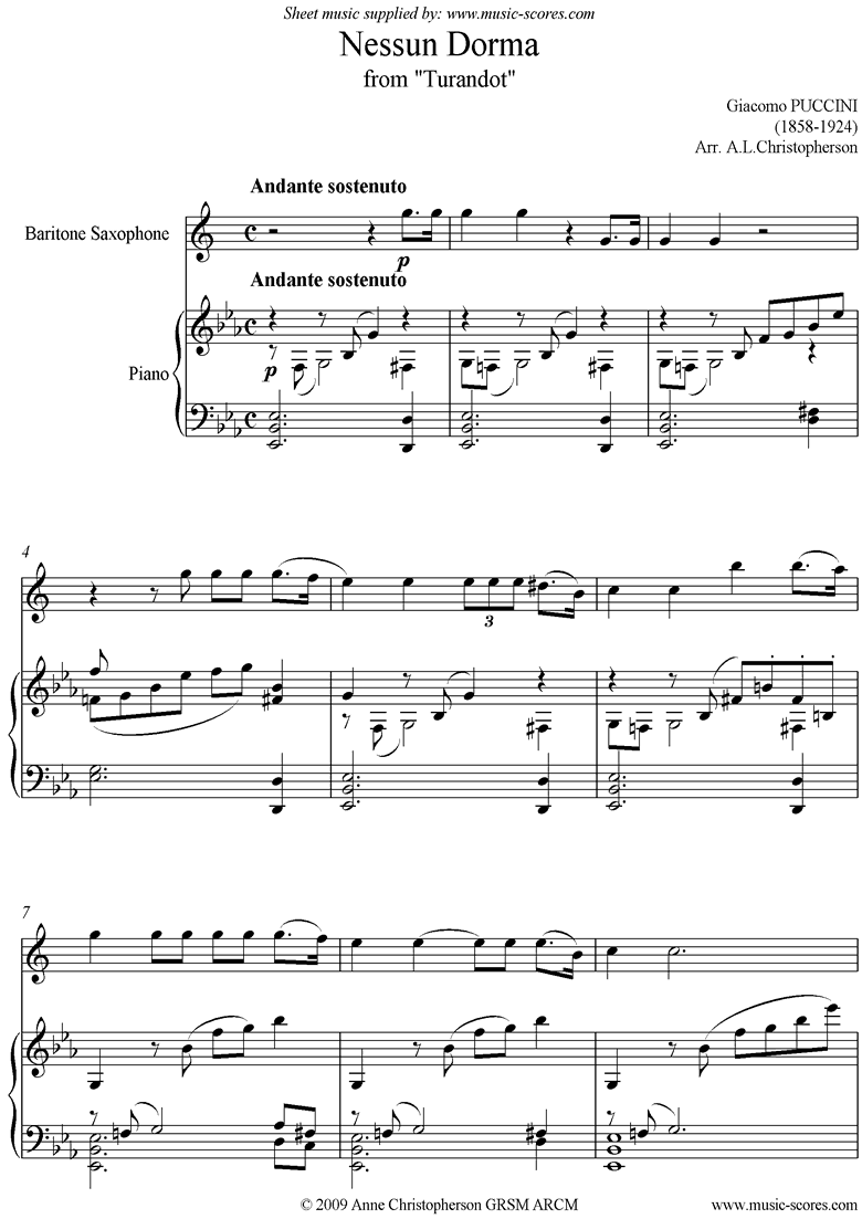 Front page of Turandot: Nessun Dorma: Baritone Sax sheet music