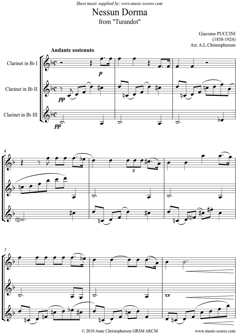 Turandot: Nessun Dorma: 3 Clarinets by Puccini