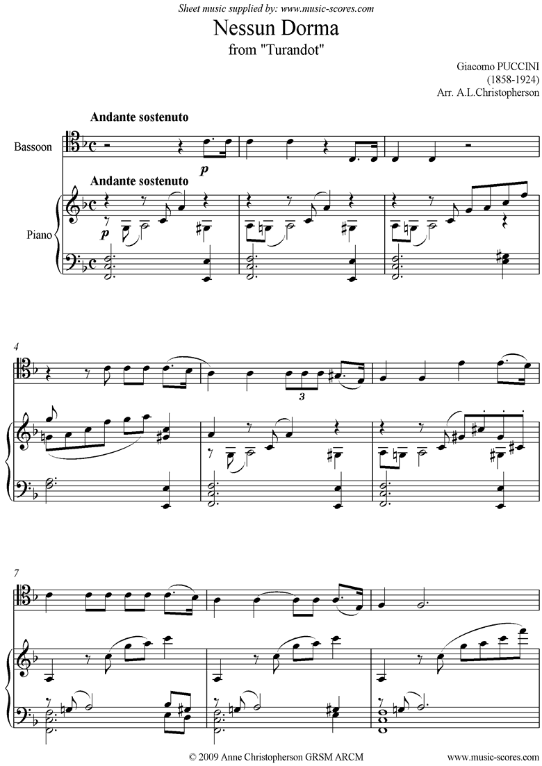 Front page of Turandot: Nessun Dorma: Bassoon sheet music