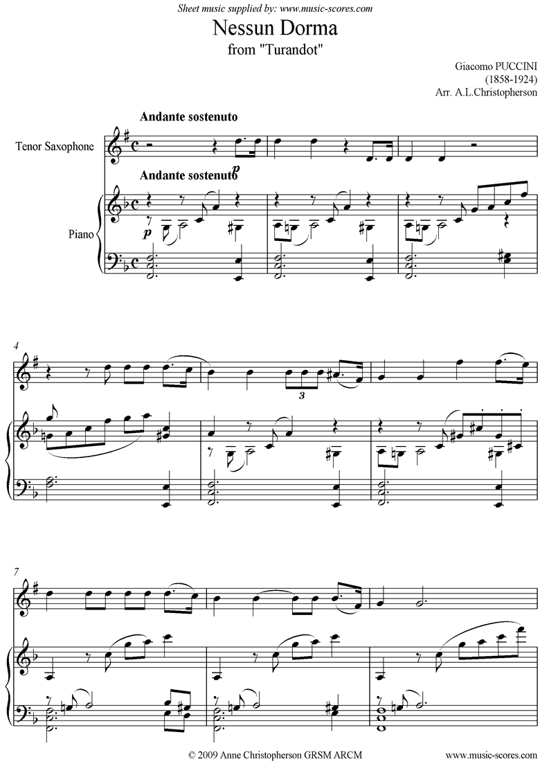 Front page of Turandot: Nessun Dorma: Tenor Sax sheet music