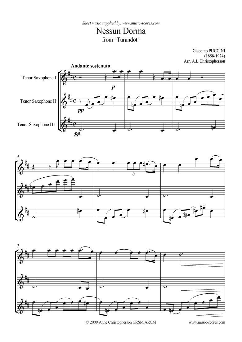 Front page of Turandot: Nessun Dorma: Tenor Sax Trio sheet music