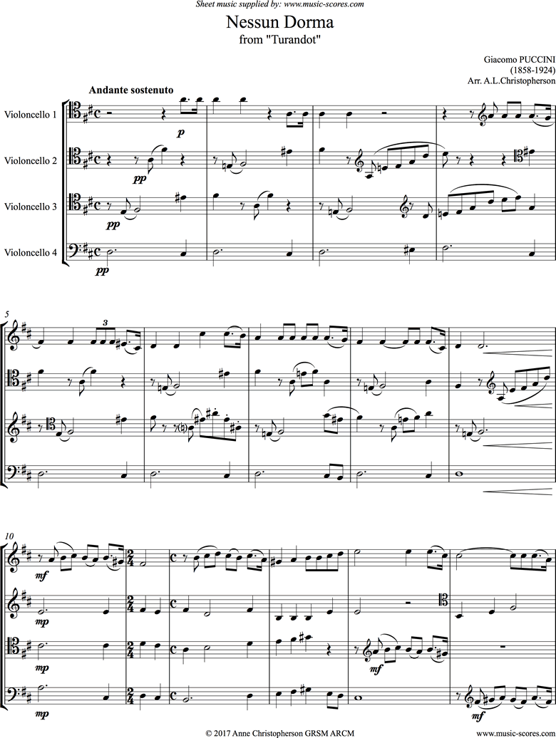 Front page of Turandot: Nessun Dorma: Cello Quartet 2 sheet music