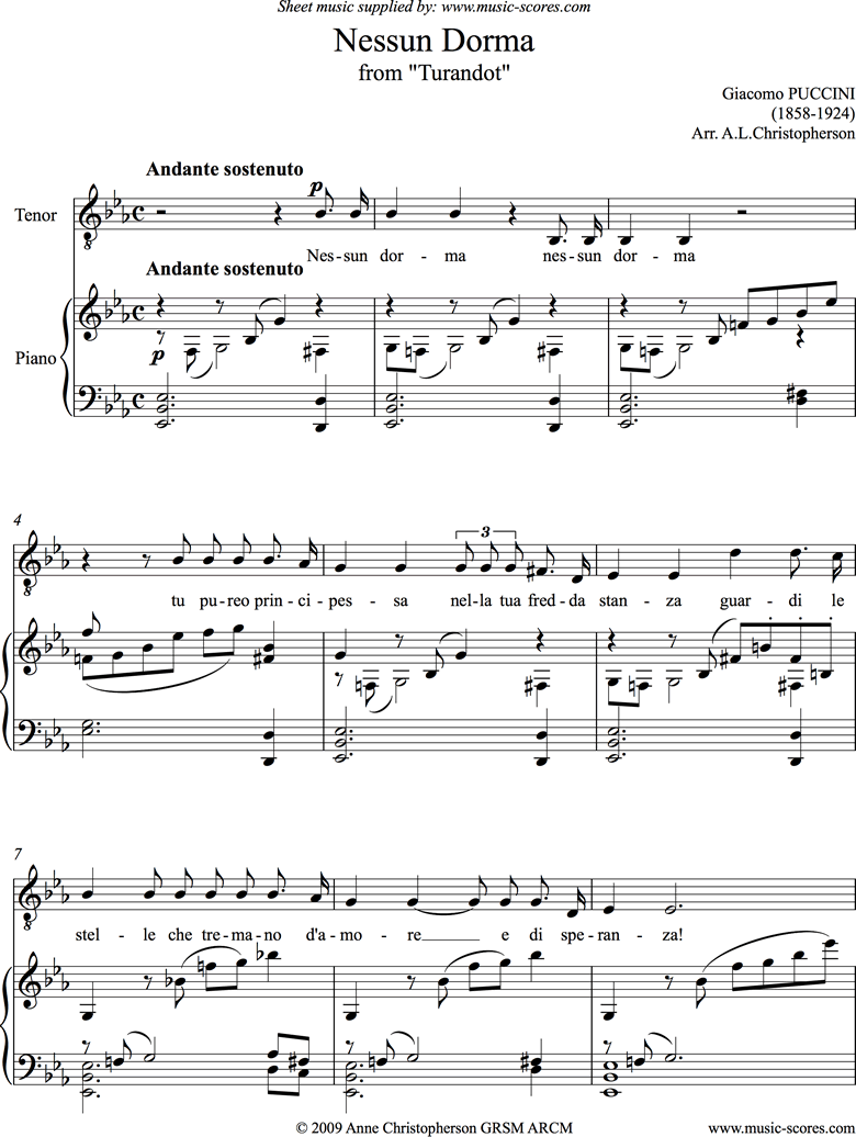 Front page of Turandot: Nessun Dorma: Voice: Tenor, Eb ma sheet music