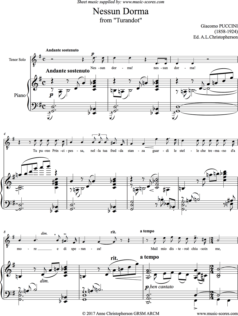 Front page of Turandot: Nessun Dorma: Alternative a version: Voice: Tenor: Gma sheet music