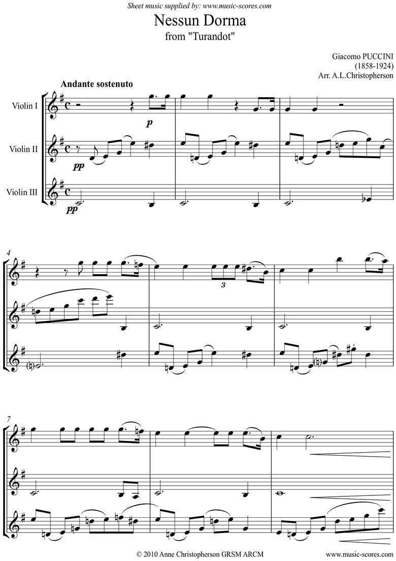 Front page of Turandot: Nessun Dorma: 3 Violins sheet music
