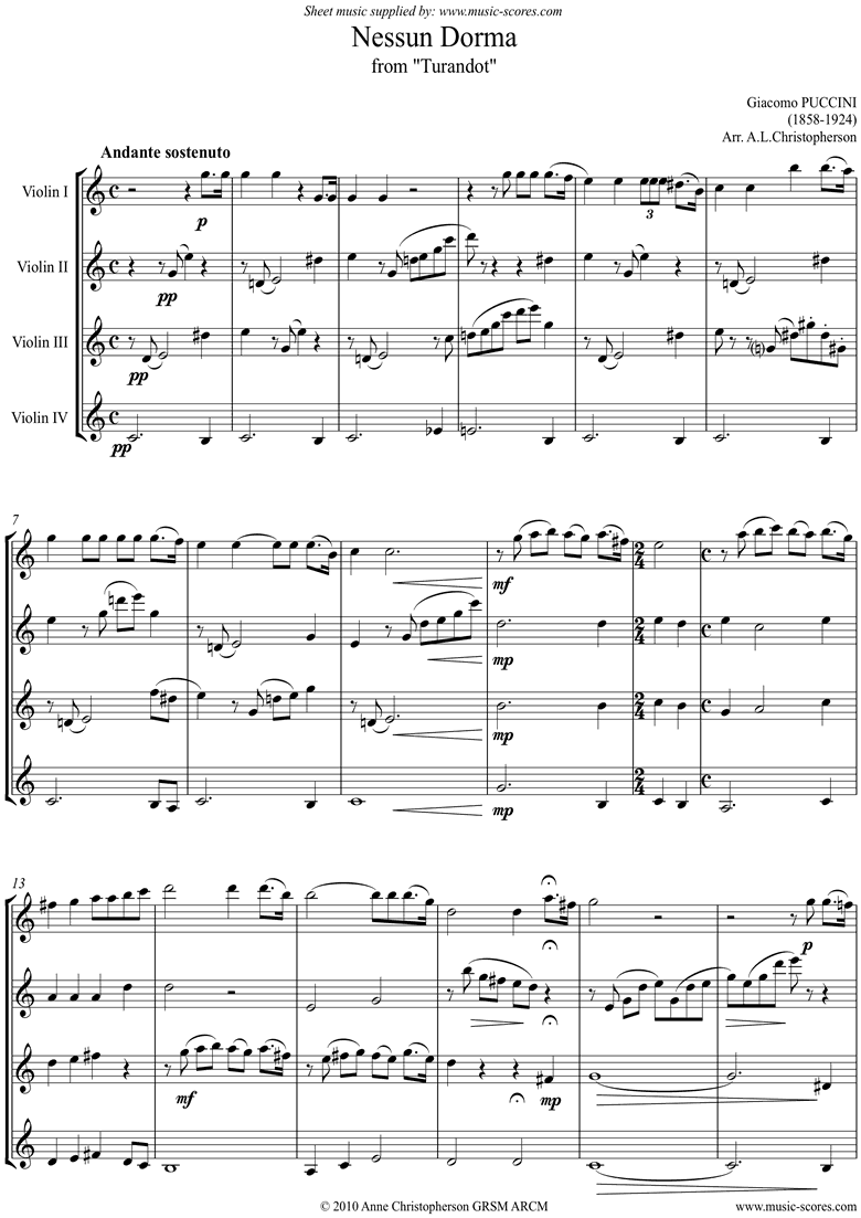 Front page of Turandot: Nessun Dorma: 4 Violins sheet music