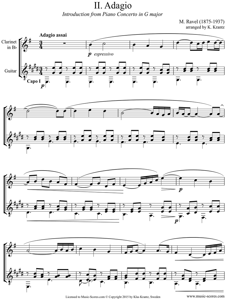 Front page of Piano Concerto in G ma, 2nd mvt: Clarinet, Guitar Capo I sheet music