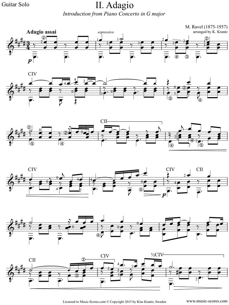 Front page of Piano Concerto in G ma, 2nd mvt: Guitar sheet music
