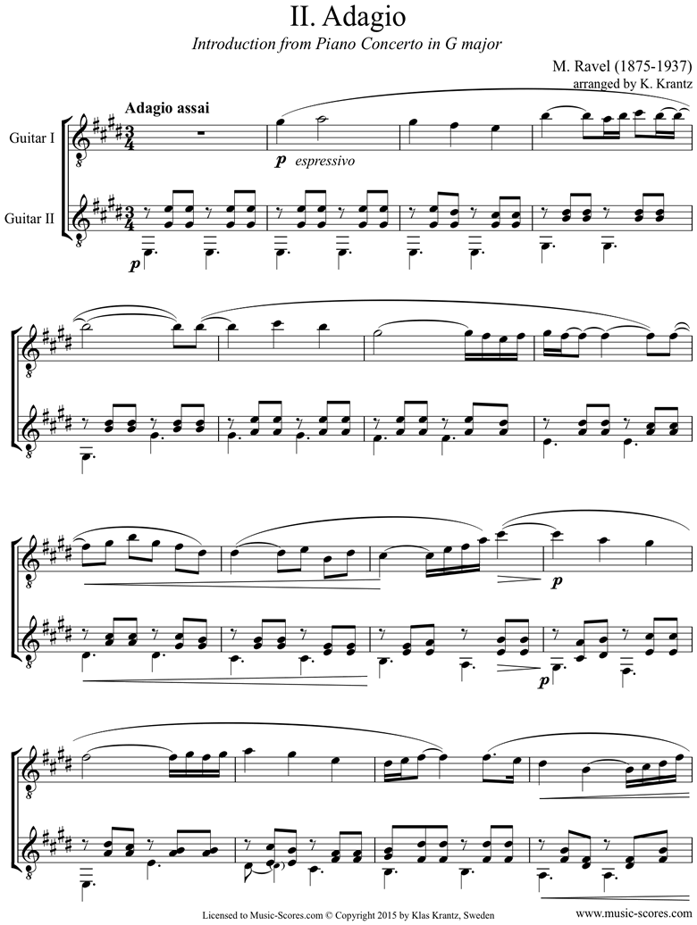 Un fiel triple Saliente Ravel. Piano Concerto in G ma, 2nd mvt 2 Guitars classical sheet music