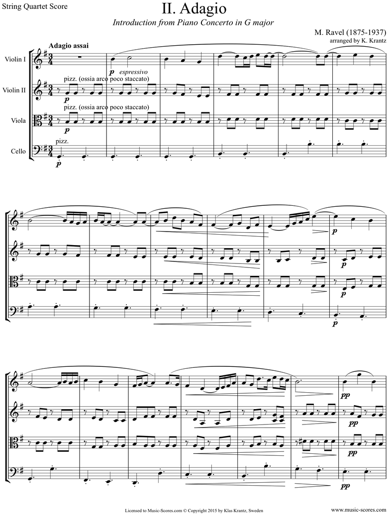 Front page of Piano Concerto in G ma, 2nd mvt: String Quartet sheet music