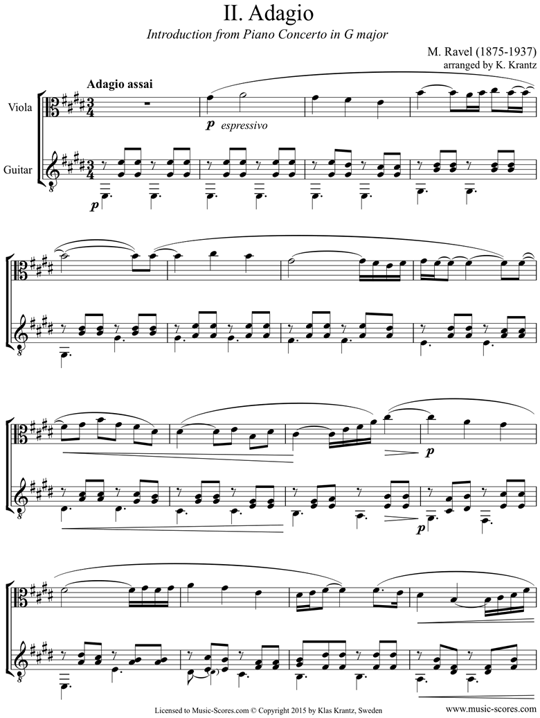 Front page of Piano Concerto in G ma, 2nd mvt: Viola, Guitar sheet music